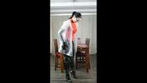 Selfbondage in full PVC outfit and transparent raincoat