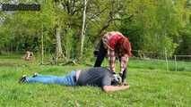 With the face in the horse manure