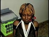 21 Yr OLD BLACK COLLEGE STUDENT GETS BANDANA CLEAVE GAGGED, CHAIR TIED  WEARING BLACK LINGERIE, GARTER BELT & HIGH HEELS (D65-3)