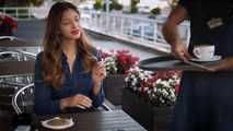 Gorgeous lady Irina having a cookie, coffee and a 120mm cigarette for lunch