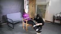 Rachel Adams caught, bound and gagged in a shiny nylon Downjacket