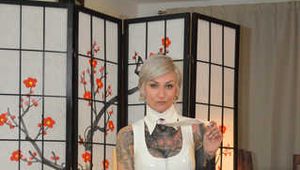 Sexy Francine in pink and white PVC dress and plastic raincoat