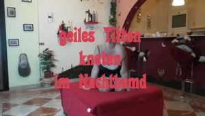 Hot tit squeezing in a nightgown