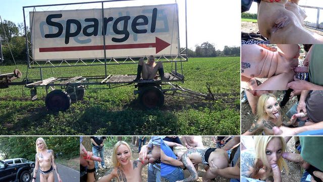 HARDEST OUTDOOR GANGBANG with skinny blonde - FARMERS GET TO FUCK FOR FREE!