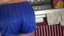 Watching ***OUR SEXY PIA*** wearing a sexy blue striped shiny nylon shorts and a white tshirt  posing for you in the kitchen doing her housework (Video)
