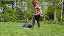With the face in the horse manure