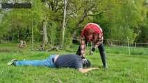 With the face in the horse manure