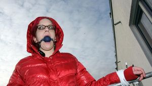 Marlin bound in red downjacket and rainpants