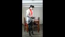 Selfbondage in full PVC outfit and transparent raincoat