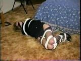 BOUND IN BLACK PANTIES, DRESS, GARTER BELT, HEELS & CLEAVE GAG SUZIE (D24-14)
