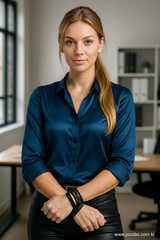 Blonde Secretary With Dark Satin Blouse