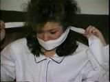 21 YR OLD COLLEGE STUDENT CINDY TIES UP AND GAGS HERSELF & IS HOG-TIED (D44-3)