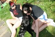 Jill and a friend basking wearing sexy shiny nylon shorts and tops (Pics)