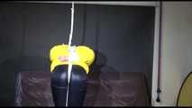 MARA tied and gagged overhead with ropes and a ballgag wearing a super sexy super shiny black rain pants, rubber boots and a yellow down jacket (Video)