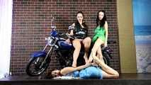 Lucky, Nelly, Xenia - Trio pose on motorbike, one girl ends up hogtied (video)