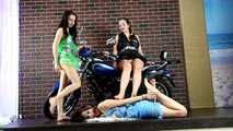 Lucky, Nelly, Xenia - Trio pose on motorbike, one girl ends up hogtied (video)