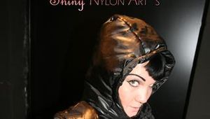 Jill going in the cellar wearing a sexy blue rain pants and a black shiny nylon down jacket (pics)