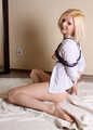Barefoot topless Hannah poses with violet hemp ropes on her body and on her feet