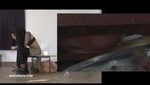 Mistress Cleo squirts cologne into the mouth of the slave lying in the toilet. Picture in Picture