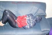 Jill tied, gagged and double hooded on a sofa wearing supersexy oldschool rainwear (Pics)