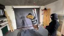 Rachel Adams bound, gagged and suspended in shiny nylon Down