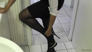 Busty Alexandra takes a hot bath in her office dress and stockings