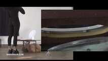 Mistress Cleo squirts cologne into the mouth of the slave lying in the toilet. Picture in Picture