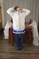Selfbondage in PVC sailor costume and layers of nylon rainwear