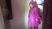 Watching Sandra wearing only a pink shiny nylon raincape under the shower playing with the water (Video)