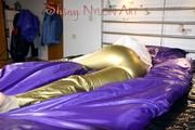 Pia wearing a very hot golden shiny nylon rain pants and a white extraordinary rain jacket blazer posing for you in bed (Pics)