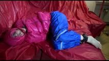 Sonja tied, gagged and hooded on a sofa wearing a sexy downwear combination (Video)