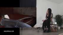 Mistress Cleo squirts cologne into the mouth of the slave lying in the toilet. Picture in Picture