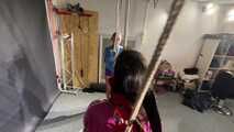 Aiyana and Ms Ungeniert in shiny nylon Shorts and Windbreaker tied and gagged together