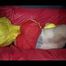 Watching Mara in a hot red shiny nylon shorts topless playing with shiny nylon linen (Video)
