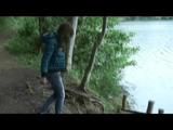 Alina walking on a lake wearing sexy shiny nylon shorts under her jeans and a down jacket (Video)