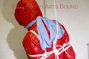 Mara tied, gagged and hooded in a cellar wearing sexy shiny nylon down pants and down jacket (Pics)