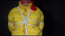 MARA tied and gagged overhead with ropes and a ballgag wearing a super sexy super shiny black rain pants, rubber boots and a yellow down jacket (Video)