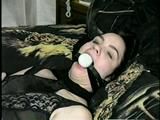 24 YR OLD GERMAN GIRL GRETCHEN, TAPE, TIES, HANDCUFFS, & GAGS HERSELF WITH HER WORN SMELLY PANTYHOSE & HELD IN WITH A BALL-GAG  (D48-16)