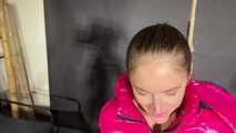 Rachel Adams bound, Pantygagged and Pantyhooded in a shiny nylon Downjacket