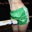 Sonja being tied and gagged overhead on a bar with a massager wearing a sexy green shiny nylon shorts and a black rain jacket (Pics)