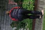 Watching sexy Sandra wearing a oldschool black/red shiny nylon rainwear combination while gardening outside (Pics)