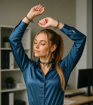 Blonde Secretary With Dark Satin Blouse
