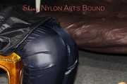 Watching sexy Sandra wearing a sexy blue shiny nylon pants and a rain jacket being tied and gagged with ropes and a clothgag on a stool (Pics)