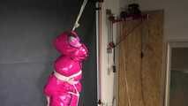 Rachel Adams bound, Pantygagged and Pantyhooded in a shiny nylon Downjacket
