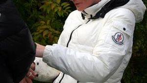 Jill ties her friend in shiny downjackets