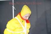 MARA tied and gagged overhead with ropes and a ballgag wearing a super sexy super shiny black rain pants, rubber boots and a yellow down jacket (Pics)