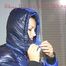 Lulu ties, gagges and hoodes herself on a bed with cuffs wearing a sexy black/blue shiny nylon down jacket and a darkblue rain pants (Pics)