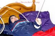 Jill tied and gagged in shiny nylon rainware
