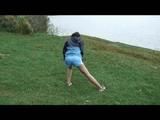 Enni during stretching wearing shiny nylon shorts and an oldschool rain jacket (Video)