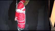 ***SEXY MARA*** wearing a supersexy black shiny nylon pants and a red shiny nylon down jacket with a coat being bound overhead with ropes and a ball gag (Video)